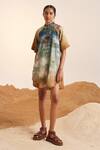 Buy_Cord_Blue Cotton Satin Printed Underwater Mandarin Collar A-line Dress _at_Aza_Fashions