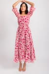 Buy_Aroop Shop India_Pink Chiffon Square Neck Irene Floral Print Puff Sleeve Dress _at_Aza_Fashions