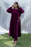 Buy_Daljit Sudan_Wine Velvet Embroidery Kashmiri Tilla And Aari A-line Phiran Kurta And Pant Set _at_Aza_Fashions