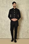 Buy_Aryavir Malhotra_Black Cotton Silk Lycra Plain Bandhgala And Pant Set _at_Aza_Fashions