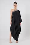 Buy_Aakaar_Black Silk Crepe Embellished Crystal Asymmetric Cowl Draped Dress _at_Aza_Fashions