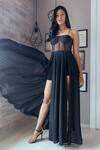 Buy_Pocket Stories_Black Mesh Sweetheart Neck Side Slit Corset Gown  _at_Aza_Fashions