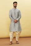 Buy_Arihant Rai Sinha_Grey Silk Embroidery Thread Placket Floral Kurta And Dhoti Pant Set _at_Aza_Fashions