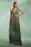 Buy_Divya Aggarwal_Green Chiffon Printed Geometric V Neck Verity Draped Skirt And Blouse Set _at_Aza_Fashions