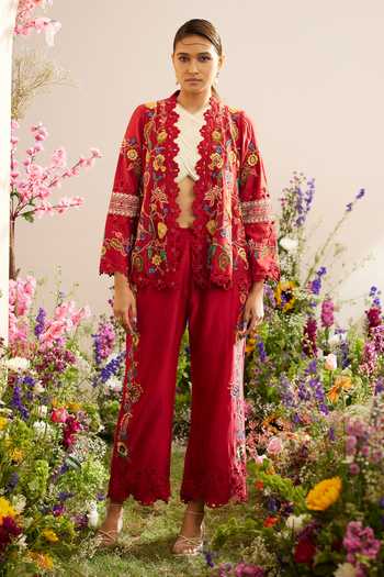 Buy_Chandrima_Red Chanderi Embroidery, Cut Work Open Neck Floral Thread Jacket _at_Aza_Fashions