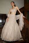 Buy Nadine Dhody Beige Tulle Sequins, Beads, Feathers V-neck Camille Hand Embroidered Lehenga Set at Aza Fashions Buy_Nadine Dhody_Beige Tulle Sequins, Beads, Feathers V-neck Camille Hand Embroidered Lehenga Set _at_Aza_Fashions