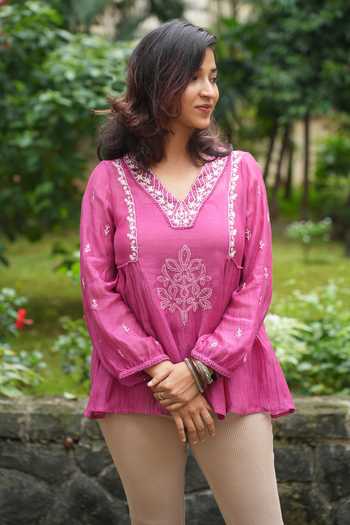 Buy_Pants And Pajamas_Pink Chanderi Embroidery V-neck Origami Berry Chikankari Top _at_Aza_Fashions