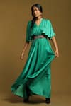 Buy_Ritu Kumar_Green Satin V-neck Pleated Yoke Kaftan Style Dress _at_Aza_Fashions