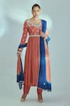 Buy_Suruchi Parakh_Orange Tussar Silk, Georgette Crepe, Lining Embroidered Pleated Anarkali Set _at_Aza_Fashions