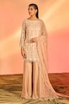 Buy_J by Jannat_Pink Chiffon Hand Embroidery Sequin Round Flower Kurta Sharara Set  _at_Aza_Fashions