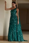 Buy_Nadine Dhody_Green Tulle Embroidery Sequin Asymmetric Analise One Shoulder Gown  _at_Aza_Fashions