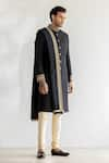 Buy_Qbik_Black Sherwani Matka Cotton Placement Embroidery Nabi Collar Set  _at_Aza_Fashions