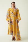 Buy_Payal Pratap_Yellow Cupro Linen Print Floral Bloom Round Neck Tapis Dress  _at_Aza_Fashions