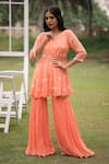 Buy_House Of Tushaom_Peach Georgette Embroidery Sequin Round Kurta And Sharara Set _at_Aza_Fashions