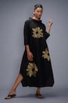 Buy_Taika by Poonam Bhagat_Black Cotton Silk Embroidered Gold Petals Collared Neck Midi Dress  _at_Aza_Fashions