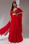 Buy_Neha Khullar_Red Chiffon Embroidery Mirror Cape Open Border Lehenga Set _at_Aza_Fashions