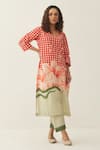 Buy_Shivani Bhargava_Red Gingham, Cotton V-neck Checks And Floral Print Kurta & Pant Set _at_Aza_Fashions