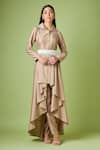 Buy_Aakaar_Beige Cotton Silk Embellished Pearl Collared Neck Draped Tunic And Pant Set _at_Aza_Fashions