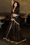 Buy_Priti Sahni_Black Raw Silk Embroidered Sequin Plunge Neck Neckline Lehenga Set _at_Aza_Fashions