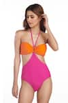 Buy_Kai Resortwear_Orange Halter Sunset Colorblock Neck Swimsuit  _at_Aza_Fashions