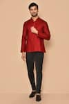 Buy_Aryavir Malhotra_Maroon Cotton Band Collar Short Kurta _at_Aza_Fashions