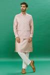 Buy Rng Safawala Pink Jacquard Geometric Pattern Nehru Jacket And Kurta Set at Aza Fashions Buy_Rng Safawala_Pink Jacquard Geometric Pattern Nehru Jacket And Kurta Set_at_Aza_Fashions