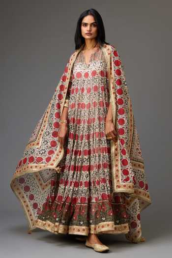 Buy_Kora_Red Cotton, Silk, Chanderi Gota Patti, Hand Block Print Tiered Anarkali Set _at_Aza_Fashions