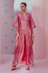 Buy_Krisha sunny Ramani_Fuchsia Kaftangeorgette Embroidered Sequin V Embellished Slit Kaftan With Pant _at_Aza_Fashions