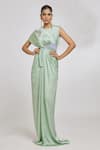 Buy_Amit Aggarwal_Green Hammered Satin Embroidery Cord Round Knotted Draped Gown _at_Aza_Fashions