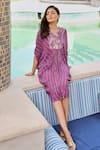 Buy_Palak & Mehak_Purple Rayon Crepe Lurex Printed Floral V Aaliyah Stripe Pattern Kaftan Dress _at_Aza_Fashions