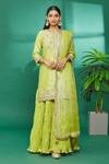 Buy_Surbhi Shah_Green Dupatta Organza, Kurta And Skirt Spun Hand Embroidered & Set_at_Aza_Fashions