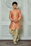 Buy_Petite Pomme_Peach Jacquard Embroidery Flora Pattern Overlap Sherwani _at_Aza_Fashions
