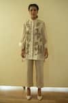 Buy_Oja_Cream Handloom Silk Embroidered Floral Applique Band Shirt And Pant Set For Women_at_Aza_Fashions