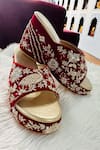 Buy_Shiveen Shiveen_Red Embroidered Floral Velvet Wedges _at_Aza_Fashions