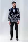 Buy_Amrit Dawani_Blue Velvet, Cotton, Silk Embroidery Navy Botanical Tuxedo Set _at_Aza_Fashions