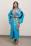 Buy_AK-OK_Blue Silk Embroidery Collared Floral Print Kimono Dress _at_Aza_Fashions