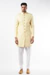 Buy_Spring Break_Yellow Polyester Cotton Floral Pattern Mandarin Collar Sherwani Set_at_Aza_Fashions