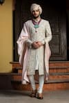 Buy_Nitika Gujral_Ivory Sherwani: Taffeta Silk Embroidered Dabka Resham Achkan Set For Men_at_Aza_Fashions