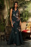Buy_Sahil Kochhar_Green Chanderi Net Embroidery Spring V Neck Neysa Panelled Gown  _at_Aza_Fashions