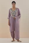 Buy_Makaan.51_Purple Velvet Pearl U Neck Silk Bodice Kurta Set  _at_Aza_Fashions