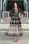 Buy_BAIRAAS_Black Rayon Embellished Russian Block Pattern And Stone Work Notched Round Dress _at_Aza_Fashions