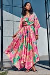 Buy_HOUSE OF FETT_Pink Rich Satin Printed Baroque V Neck Fiori Top And Asymmetric Pant Set _at_Aza_Fashions