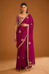 Buy_Shyam Narayan Prasad_Pink Silk Brocade Embroidered Zardozi Leaf Neck Saree With Blouse  _at_Aza_Fashions