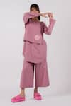 Buy_Tussah By Siddhi Shah_Purple Cotton Threadwork Round Buttoned Flap Tunic With Culottes  _at_Aza_Fashions
