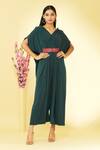 Buy Megha Garg Green Lycra V Neck Draped Split Sleeve Jumpsuit at Aza Fashions Buy_Megha Garg_Green Lycra V Neck Draped Split Sleeve Jumpsuit _at_Aza_Fashions