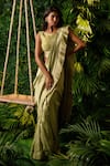 Buy_Pallavi Poddar_Green Dupion Embroidery Cutdana Round Lucknowi Pre-draped Saree With Blouse _at_Aza_Fashions