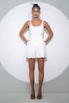 Buy_Pocketful Of Cherrie_White Crepe Plain Scoop Neck Sleeveless Box Pleated Romper  _at_Aza_Fashions