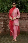 Buy_Vashisht Guru Dutt_Pink Raw Silk Embroidered Floral Round Panelled Kurta Set _at_Aza_Fashions