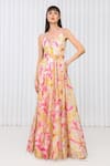 Buy_Mandira Wirk Resort_Yellow Polyester, Organza Embroidery Crew Neck Dahlia Bouquet Print Dress  _at_Aza_Fashions