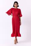 Buy Scarlet Sage Red Polyester Boat Neck Celestine Ruffle Sleeve Dress at Aza Fashions Buy_Scarlet Sage_Red Polyester Boat Neck Celestine Ruffle Sleeve Dress_at_Aza_Fashions